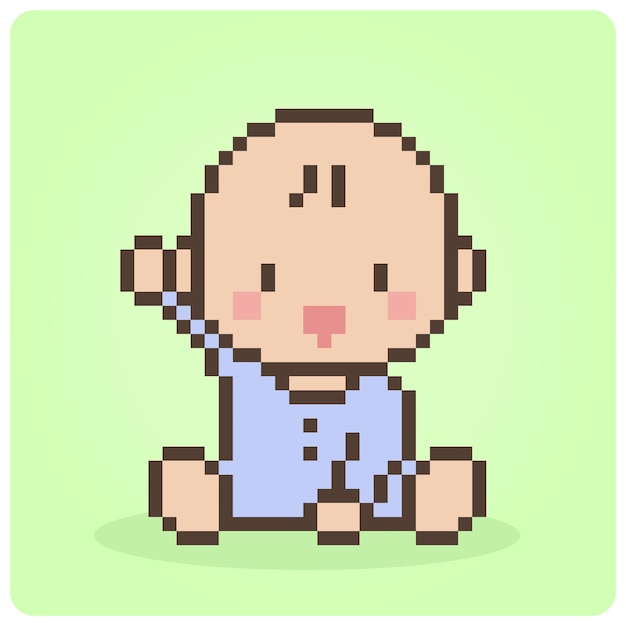 8 bit pixel baby is sitting. Cute baby vector illustration