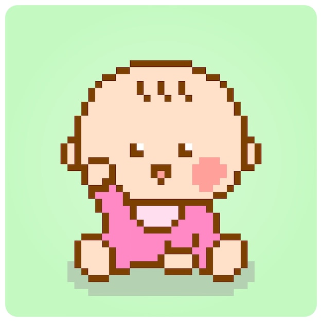 8 bit pixel baby is sitting. Cute baby vector illustration