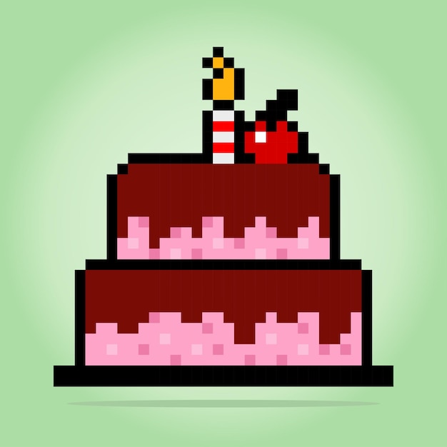 8 bit pixel birthday cake food item for game assets in vector illustration