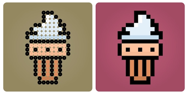 8 bit pixel of cone ice cream. food for game assets and beads patterns in vector illustrations