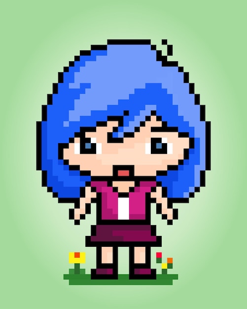 8 bit pixel of the cute girl characters Cartoon women in vector illustrations