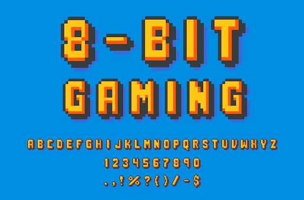 8 bit pixel font type and game typeface alphabet