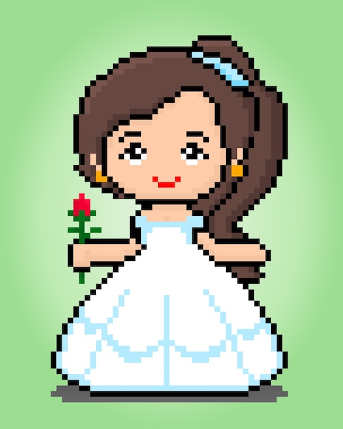 8 bit pixel girl holding flowers princess pixels for cross stitch patterns in vector illustrations