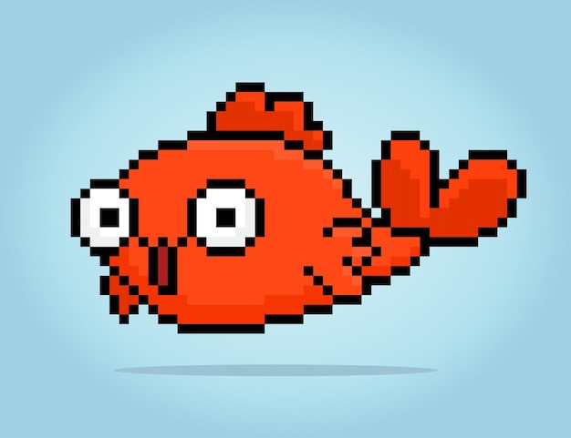 8 bit pixel golden fish Animal for game assets and cross stitch patterns in vector illustrations