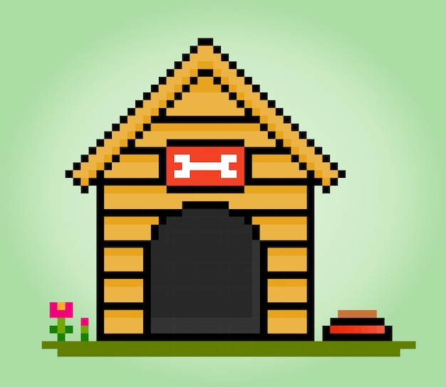 8 bit pixel house for dogs barkitecture for game assets and cross stitches in vector illustrations