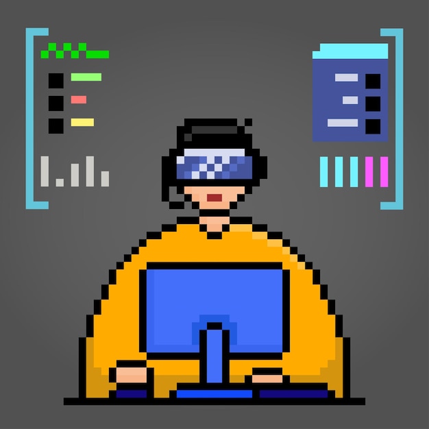 8 bit pixel modern technology virtual reality connected to computer Icon pixels in vector