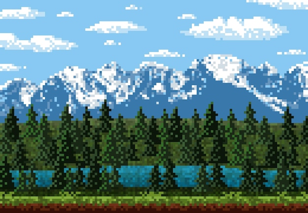 8 bit pixel mountain forest game level landscape