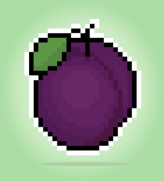 8 bit pixel plum Pixel Fruits in Vector illustration for game assets or cross stitch pattern