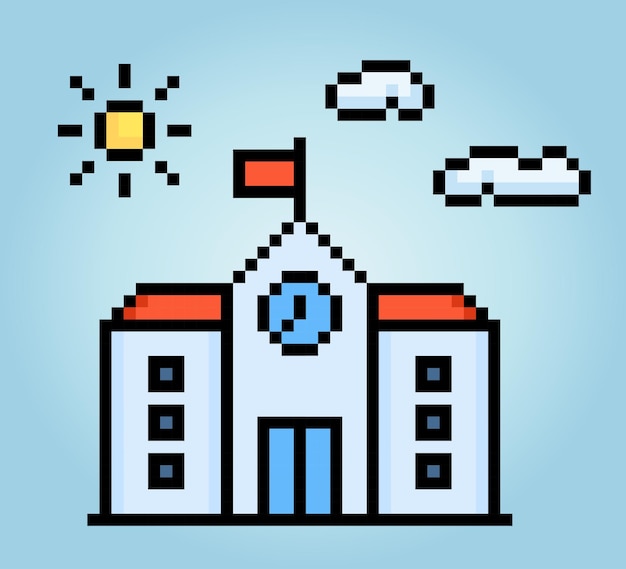 8-bit Pixel of school building icon in vector Illustration for game asset and web icons