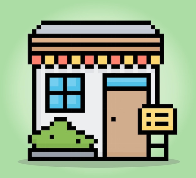 8 bit pixel shop marketing home icon for game assets and cross stitches in vector illustrations