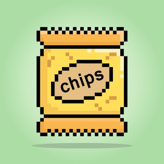 8 bit pixel snacks Packaging foods chips potato for game assets in vector illustrations