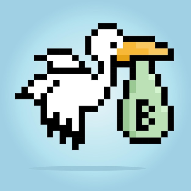 8 bit pixel of a stork carries baby with bags Animal pixel for cross stitch patterns in vector