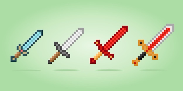 8 bit pixel sword weapons pixel for game assets and cross stitch patterns in vector illustrations