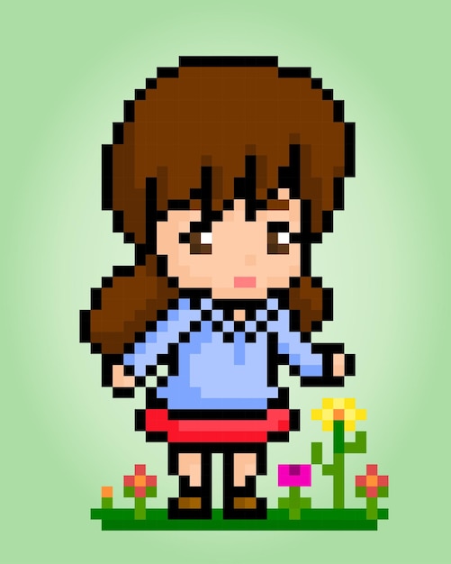 8 bit of pixel women's character Pixel School girl in vector illustrations for cross stitch patterns