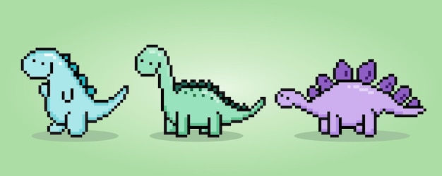 8 bit pixels dinosaur TRex Brontosaurus and Stegosaurus Animals in vector illustrations