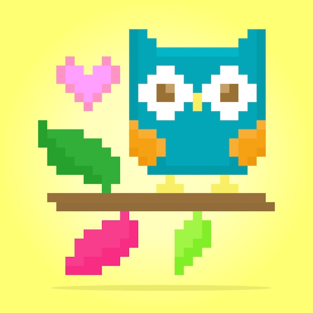 8 bit pixels owl on tree Animals for game assets and cross stitch patterns in vector illustrations