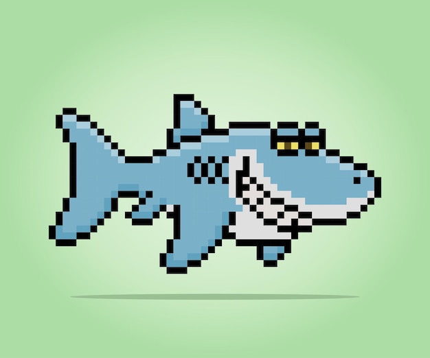 8 bit pixels of shark Animal for asset games and Cross Stitch patterns in vector illustrations