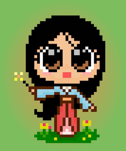 8 bit pixels women wear Hanfu dresses Chinese girls holding firework in vector illustrations