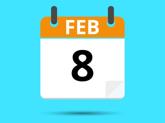 8 February Flat icon calendar isolated on blue background Vector illustration