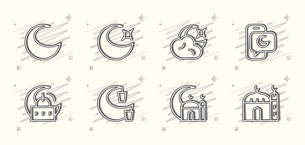 8 islamic Vector illustrated outline icon set with scribbles and stars