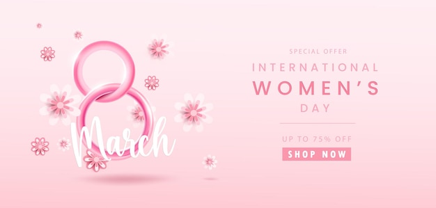 8 march background or banner International womens day floral decorations in paper art style with realistic flowers Greeting card on pastel pink tone Vector illustration