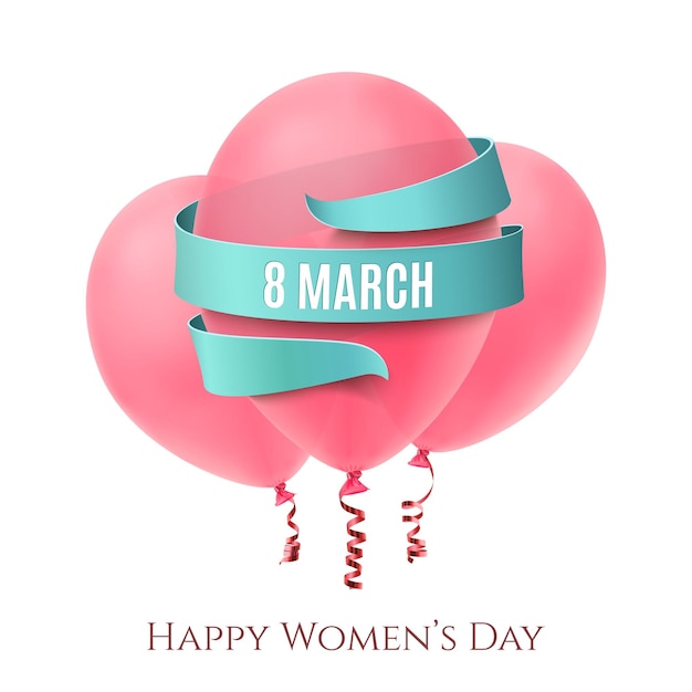 8 March background with three pink balloons an blue ribbon isolated on white.