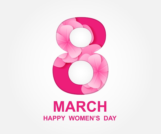 8 march. Happy Woman's Day. Card design with paper art and pink flowers.