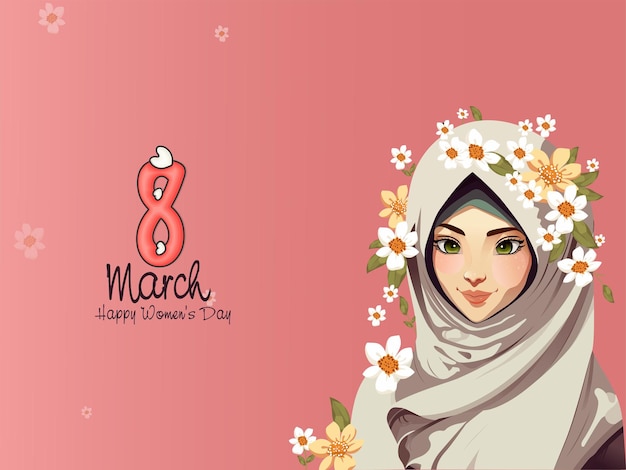 8 March Happy Women's Day Concept With Beautiful Muslim Young Girl Character Wearing Hijab On Pastel Red Background