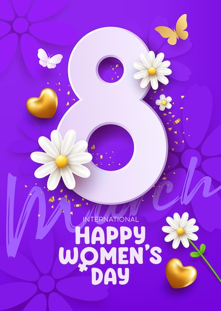 8 march happy women's day with white flowers and butterfly, gold heart, poster concept design