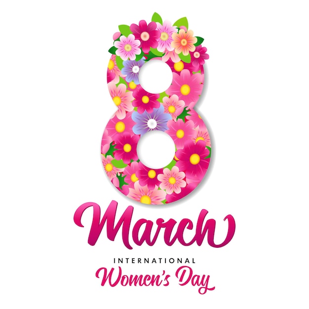 8 march, International Women's Day, beautiful flowers and creative number 8. Greeting card design