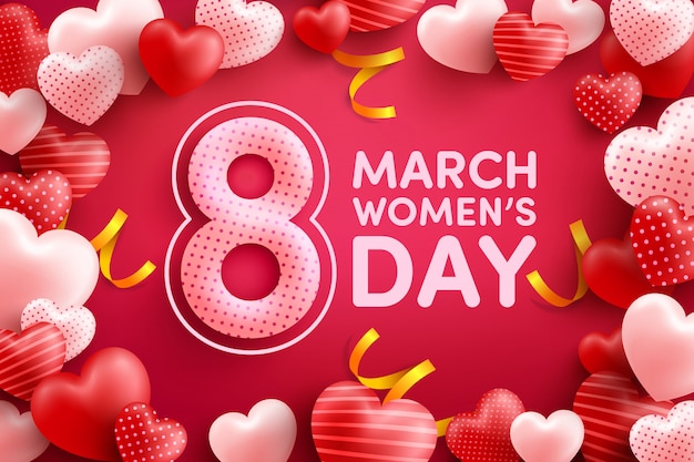 8 march women's day greeting cardr with many sweet hearts on pink