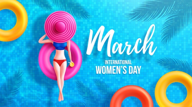 8 March Women's Day Poster or banner by symbol of 8 from women on round pool floats and big hat in the swimming pool.