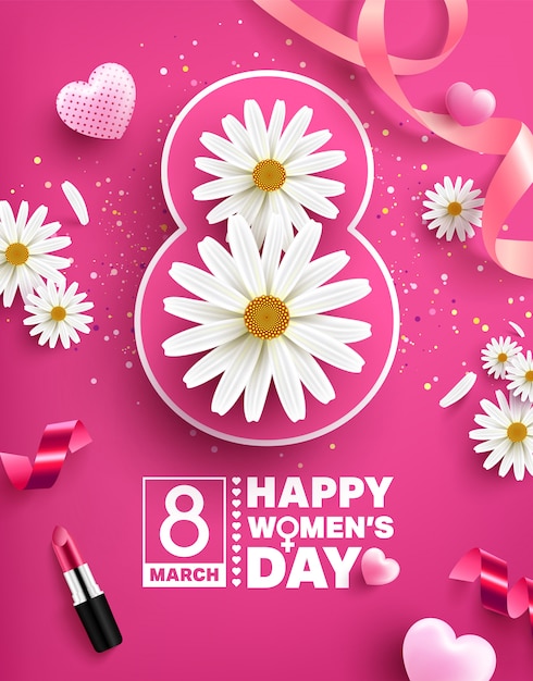 8 march women's day Poster with flower, sweet hearts, ribbons and lipstick on pink