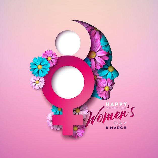 8 March Womens Day Illustration with Spring Colorful Flower in Woman Face and Female Symbol