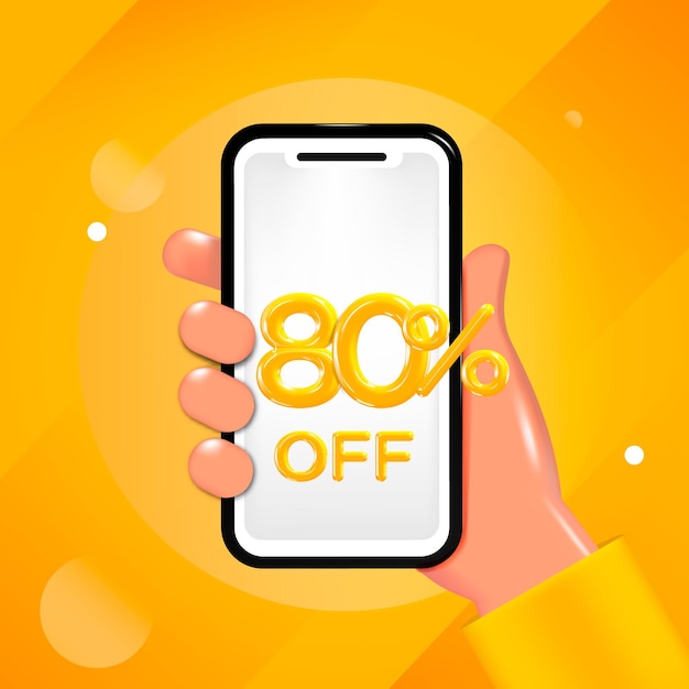 80 or Eighty percent off design. Hand holding a mobile phone with an offer message. Special discount