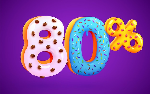 80 percent off discount dessert composition 3d mega sale symbol with flying sweet donut numbers