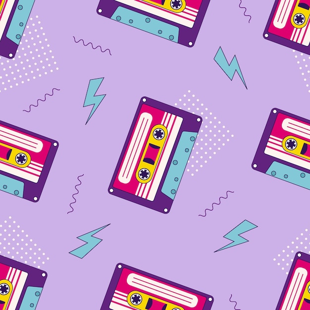 Vector 80s 90s retro elements pattern with audio cassettes and geomitrical elements in the memphis style