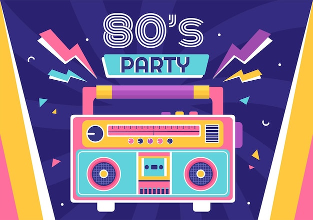 80s Party Cartoon Background Illustration with Retro Music 1980 and Disco in Old Style Design