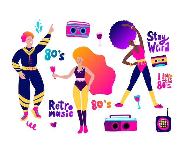 80s party people cartoon gradient character set and lettering collection