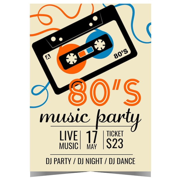 80s retro music party banner or poster with a compact audio cassette mixtape on the background