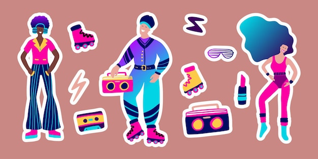 80s retro music party sticker set