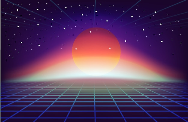 80s Retro Sci-Fi Background with sun