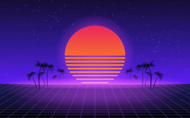 80s style retro background with sun and silhouettes of palm trees. Retro wave wallpaper