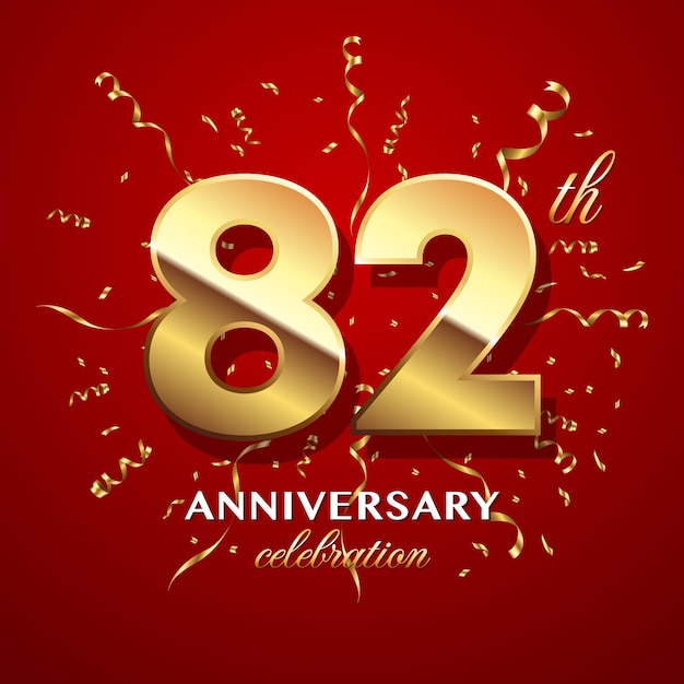 82th Anniversary Celebration Logo design with golden number and ribbon Logo Vector Template