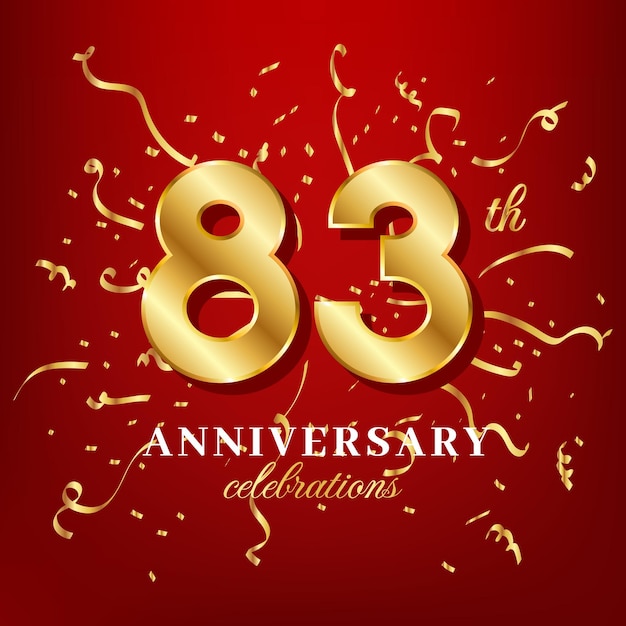 83 golden numbers and anniversary celebrating text with golden confetti spread on a red background