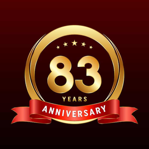 83th Anniversary logo design with golden ring and red ribbon Logo Vector Template Illustration