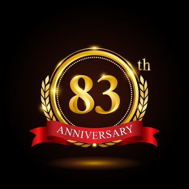 83th golden anniversary template design with shiny ring and red ribbon laurel wreath isolated on black background logo vector