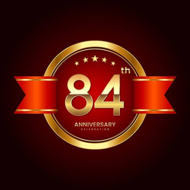 84th Anniversary logo with badge style Anniversary logo with gold color and red ribbon Logo Vector