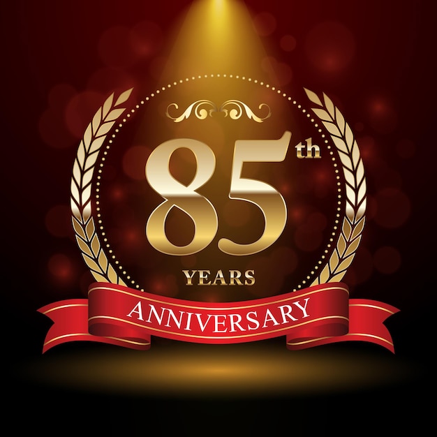 85th anniversary logo design with Laurel wreath and red ribbon Logo Vector Template