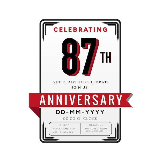 87 Years Anniversary Logo Celebration and Invitation Card with red ribbon Isolated.